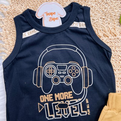 Conj. Regata One More Level e Bermuda em Moletinho - Preto e Caramelo